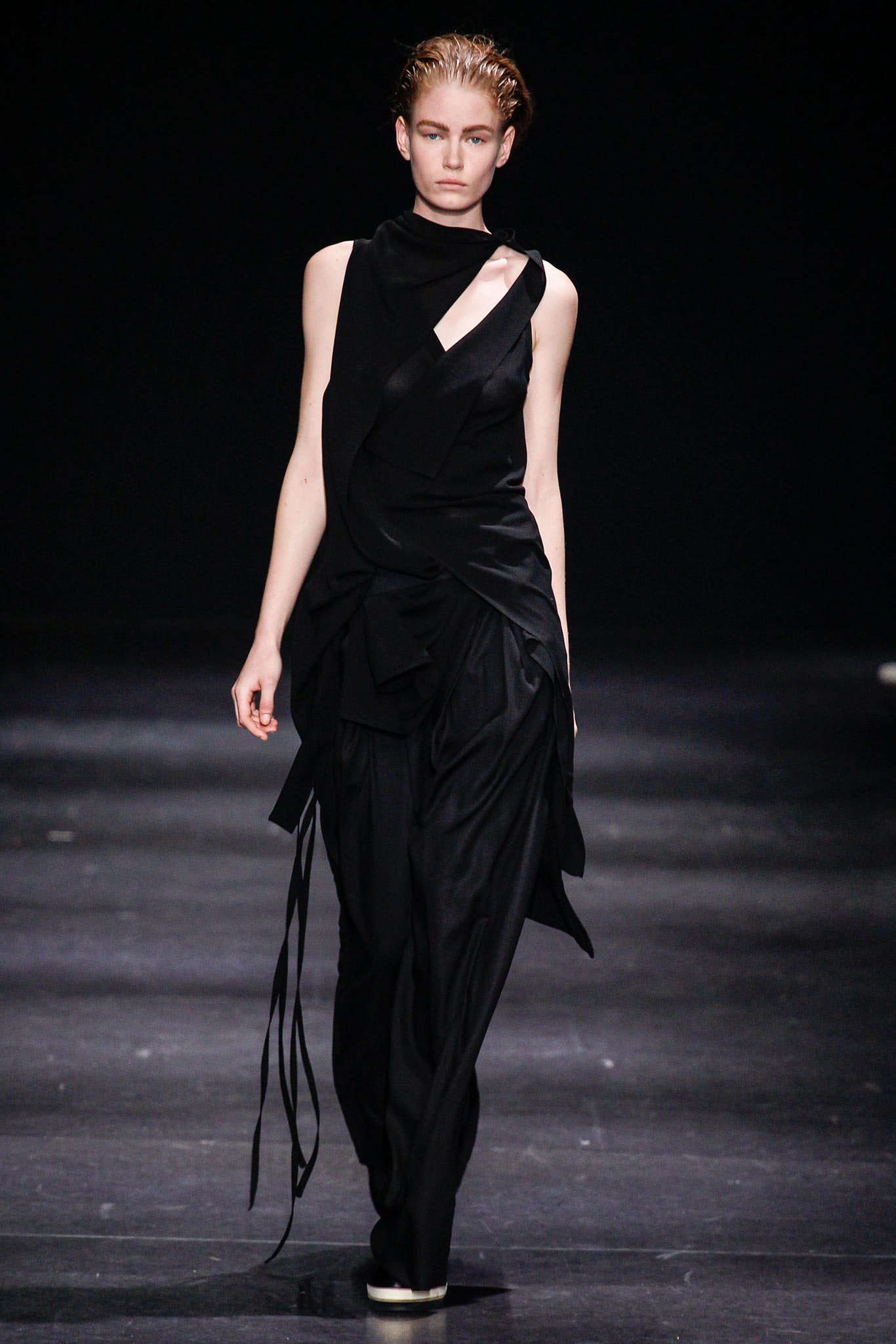 black silk fitted top and relaxed pants