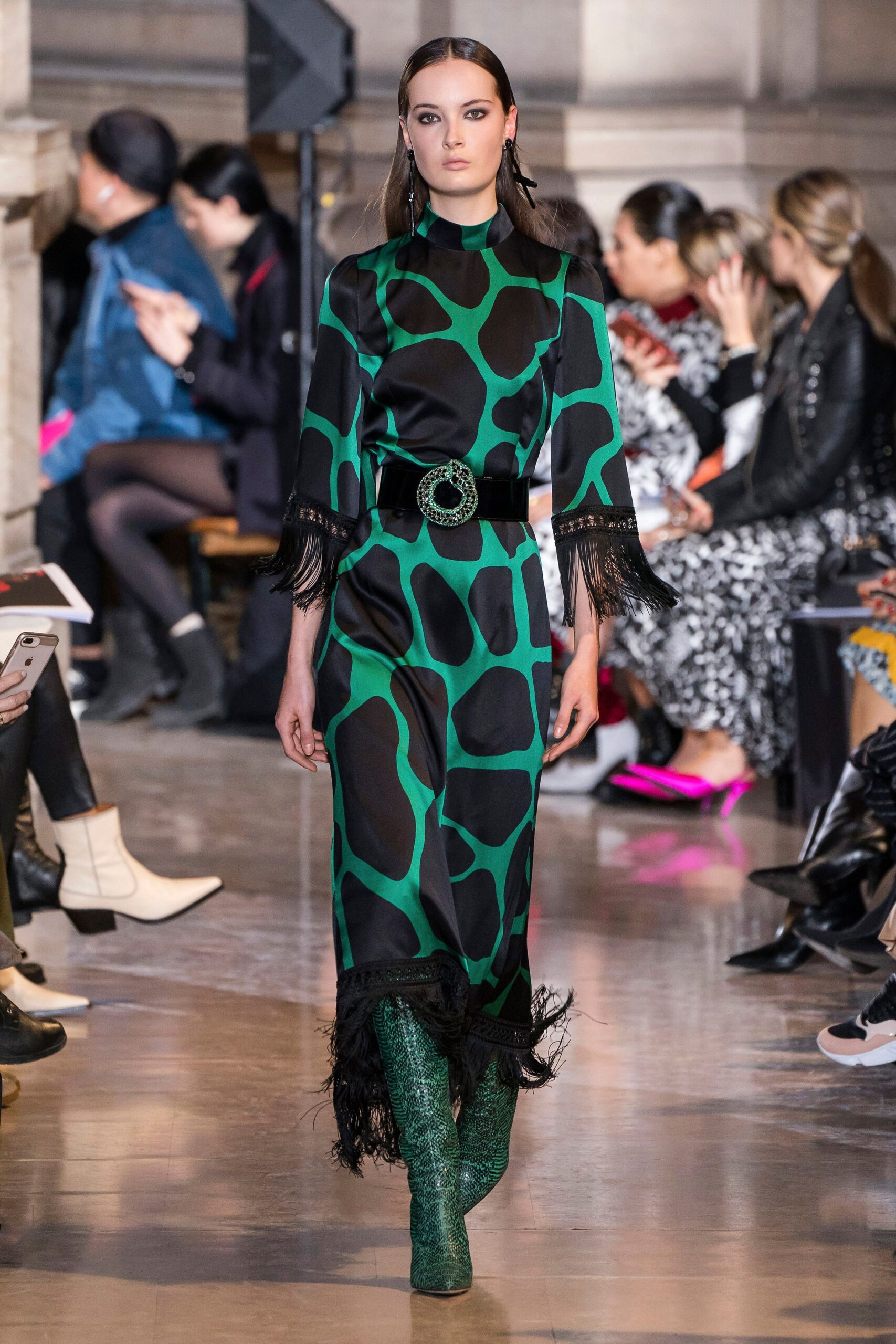 green printed midi dress with belt