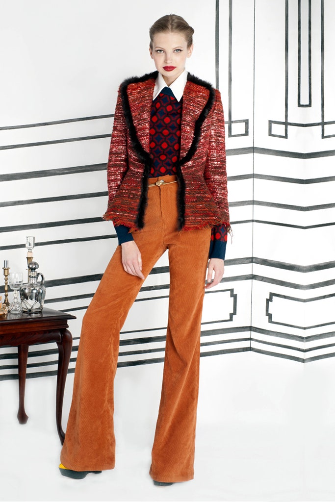 red silk blazer with polka-dot shirt