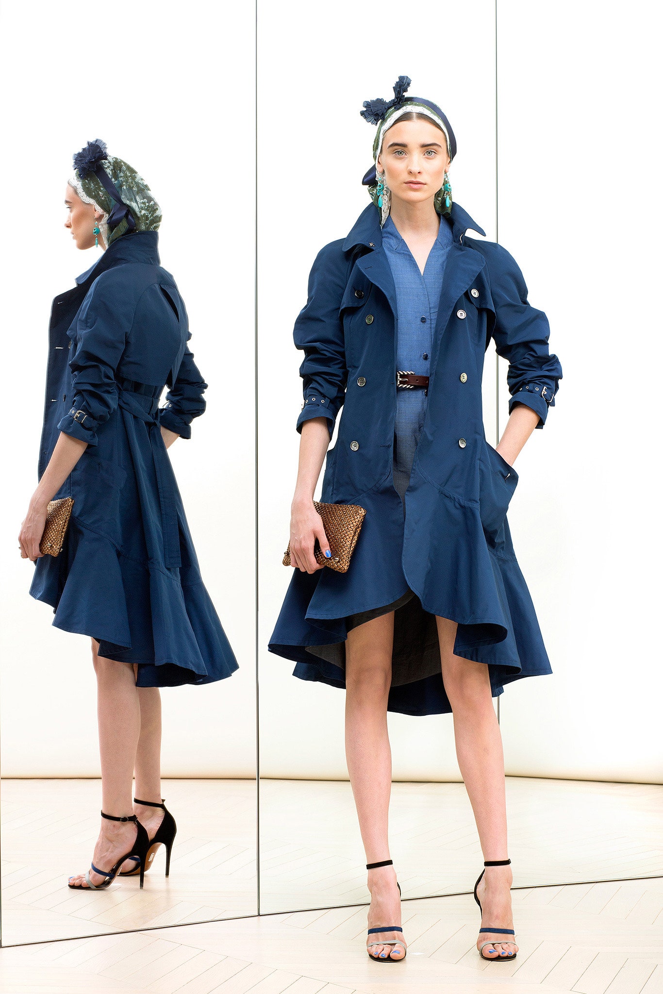 blue cotton long-sleeve collared fitted buttoned midi trench