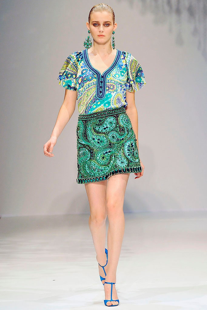 blue green embroidered top with mini skirt