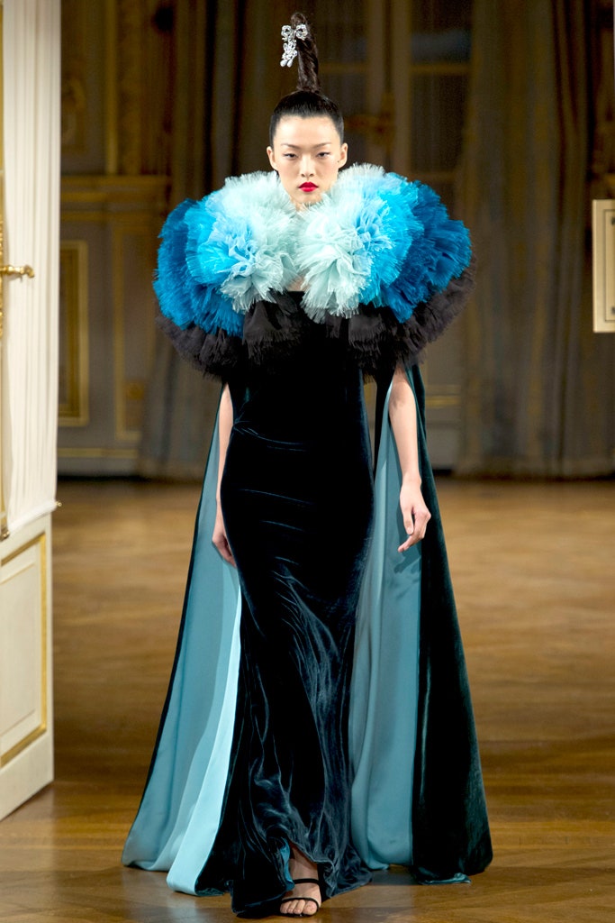 black and blue velvet gown with cape