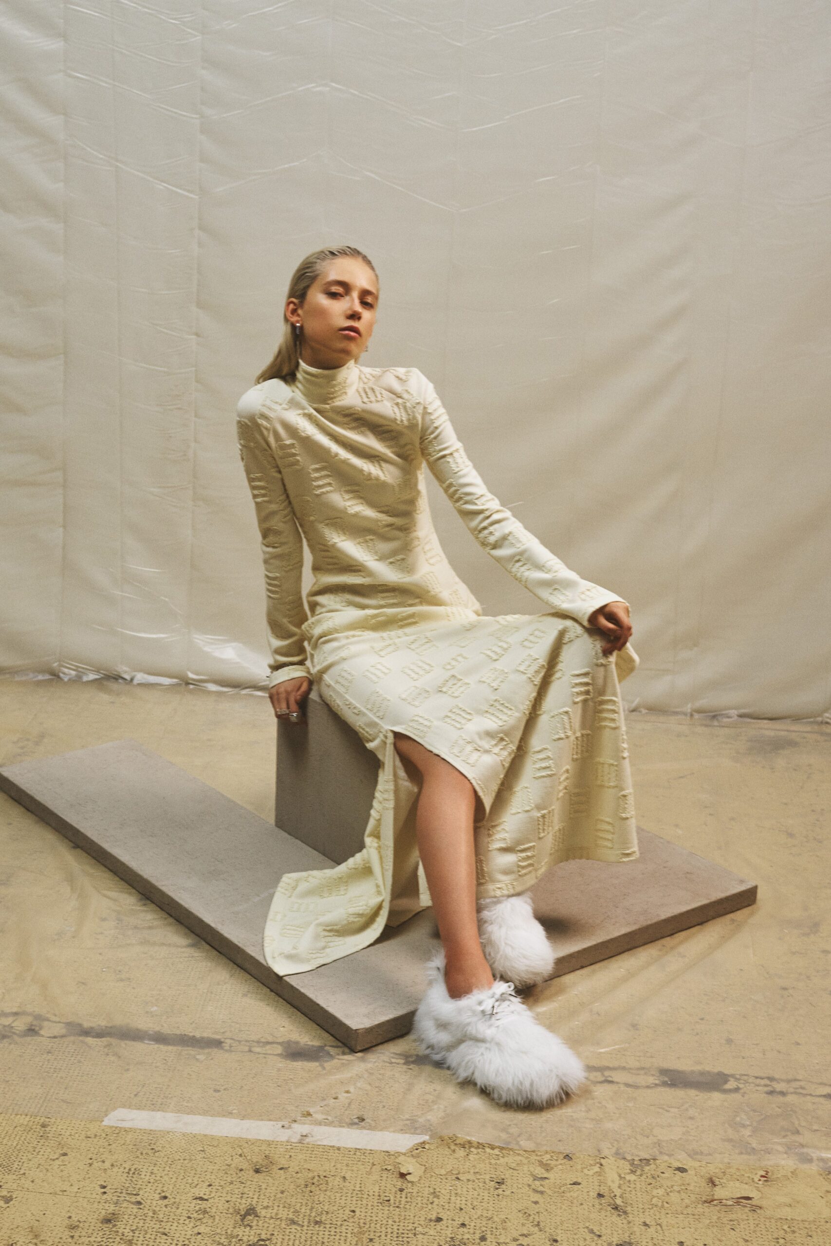 ivory silk long-sleeve high-neck fitted textured midi dress