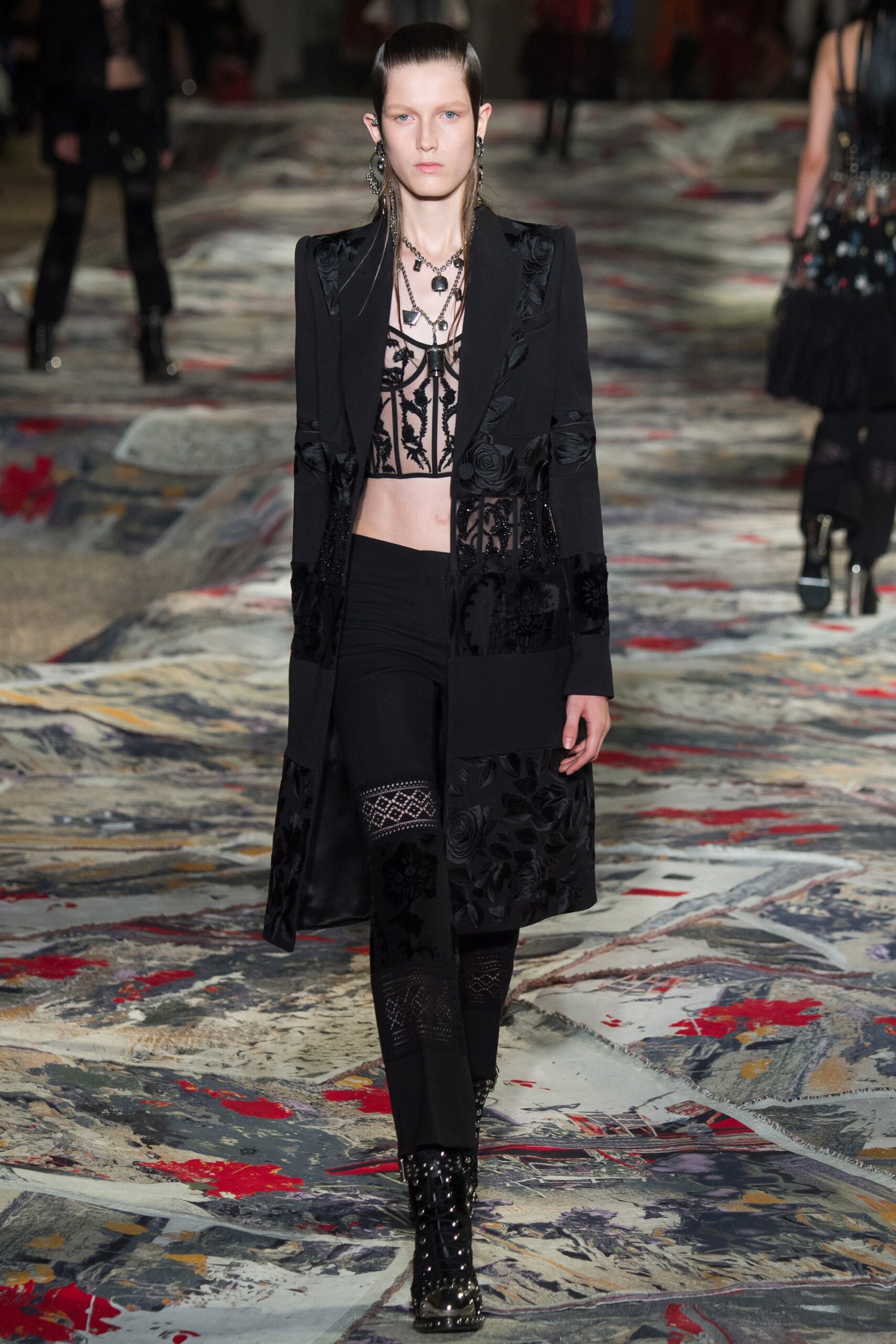 black embroidered coat with lace top