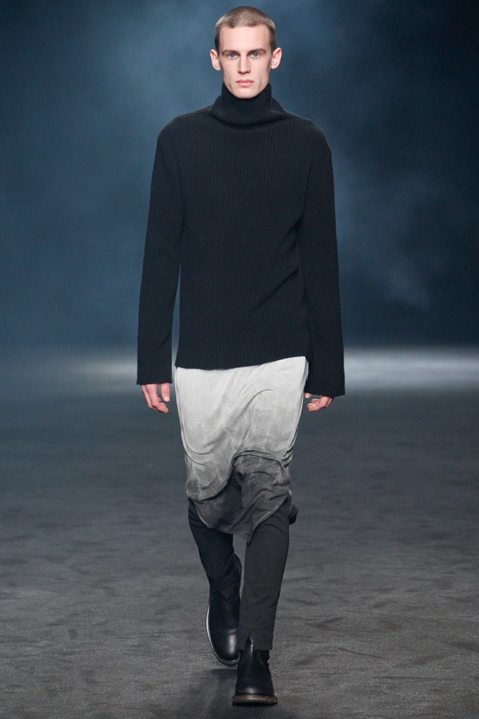 black wool sweater with gray pants