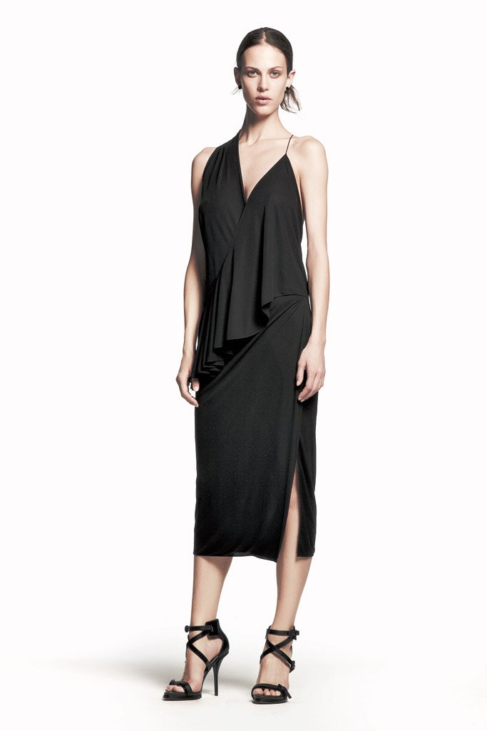 black silk wrap dress and strappy heels