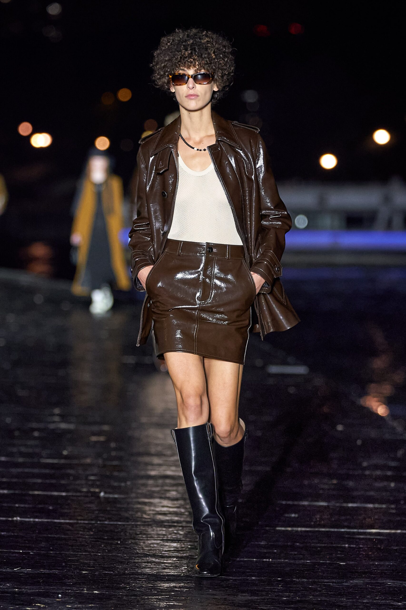 brown leather jacket and mini skirt
