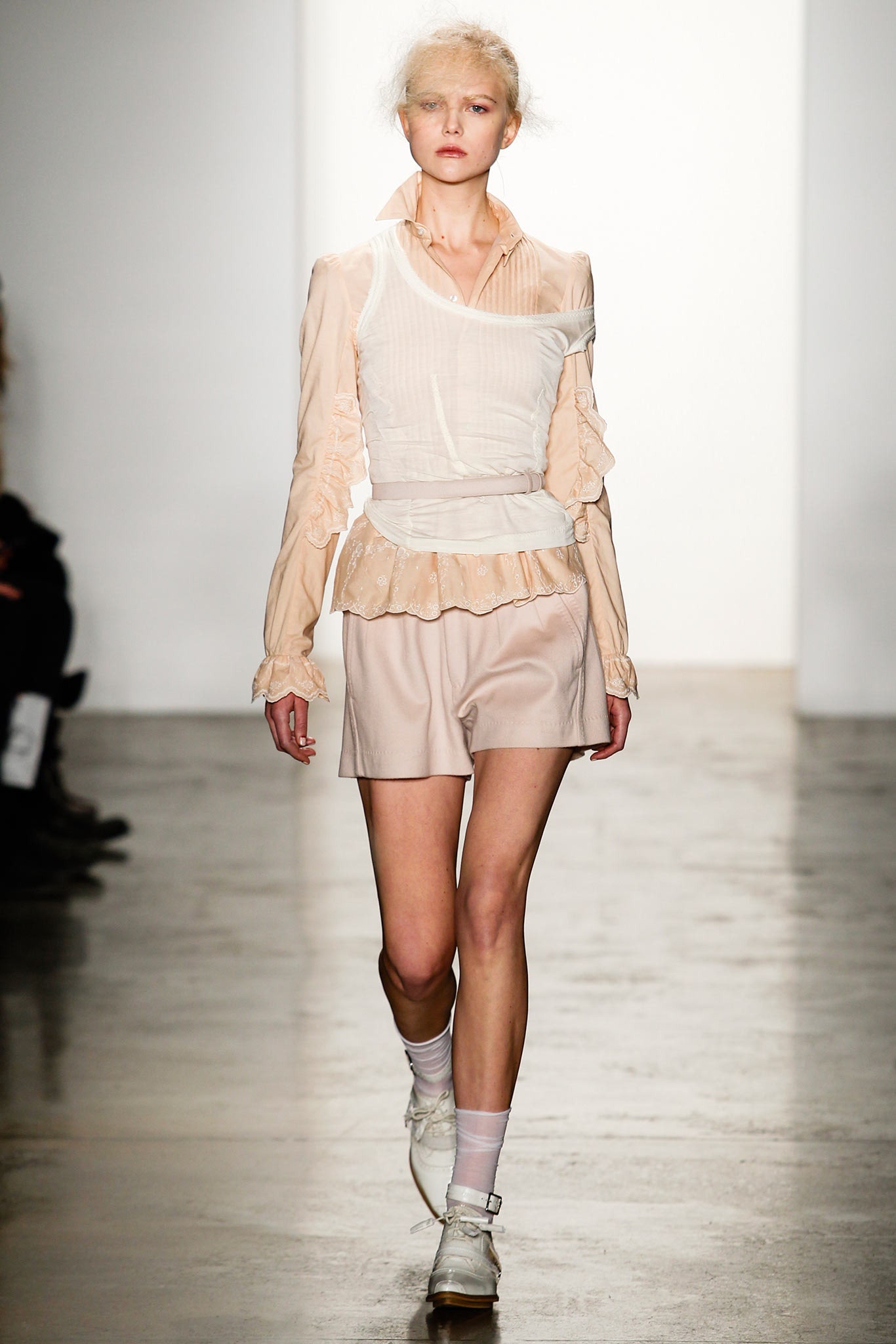 beige silk long-sleeve collared fitted ruffled blouse