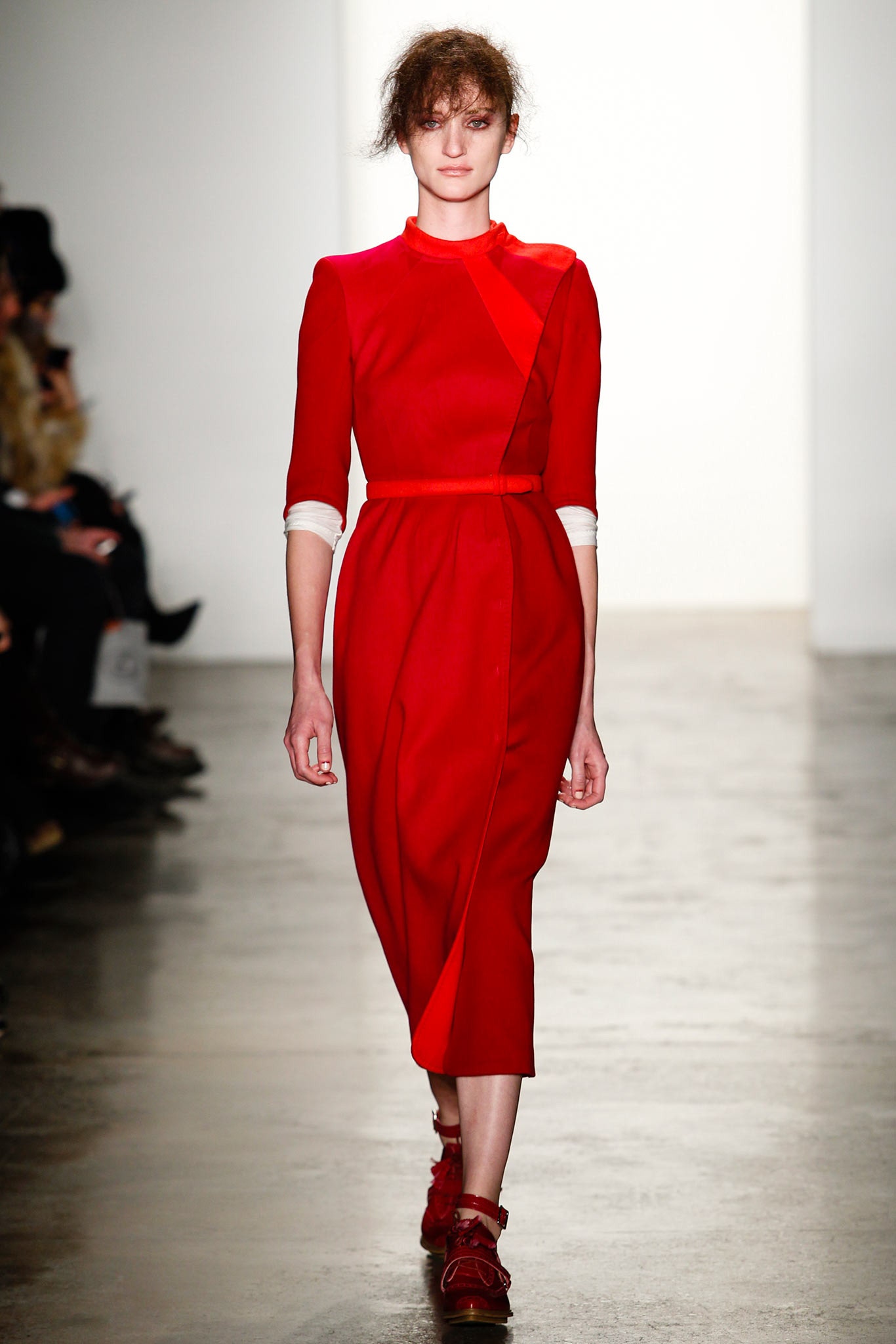 fitted red silk midi dress