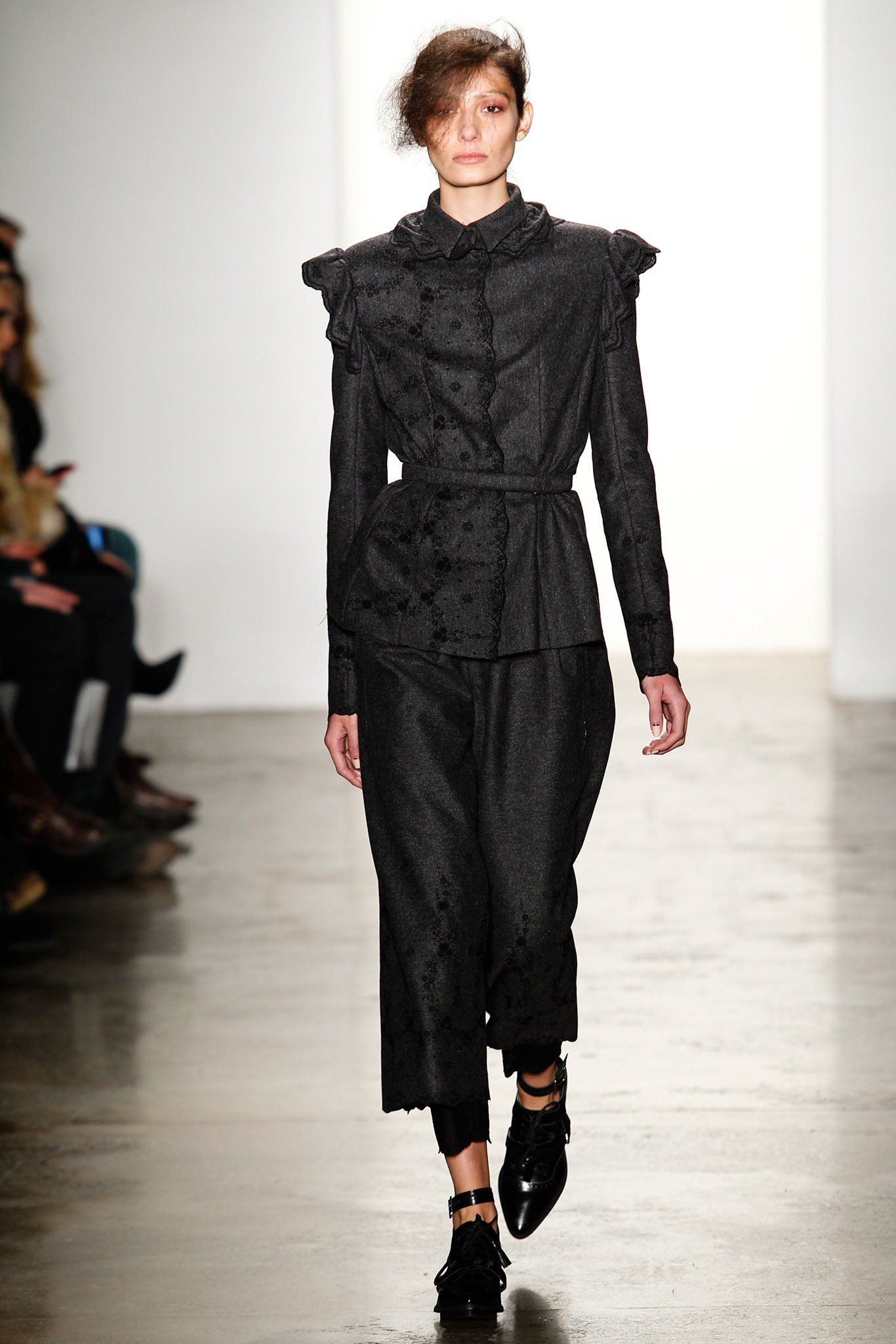 black cotton long-sleeve collared fitted ruffled buttoned jacket