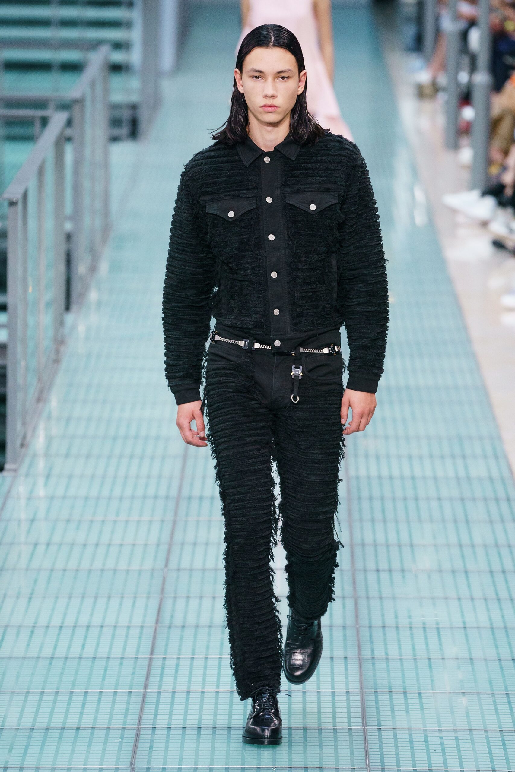 black cotton long-sleeve collared fitted textured shirt
