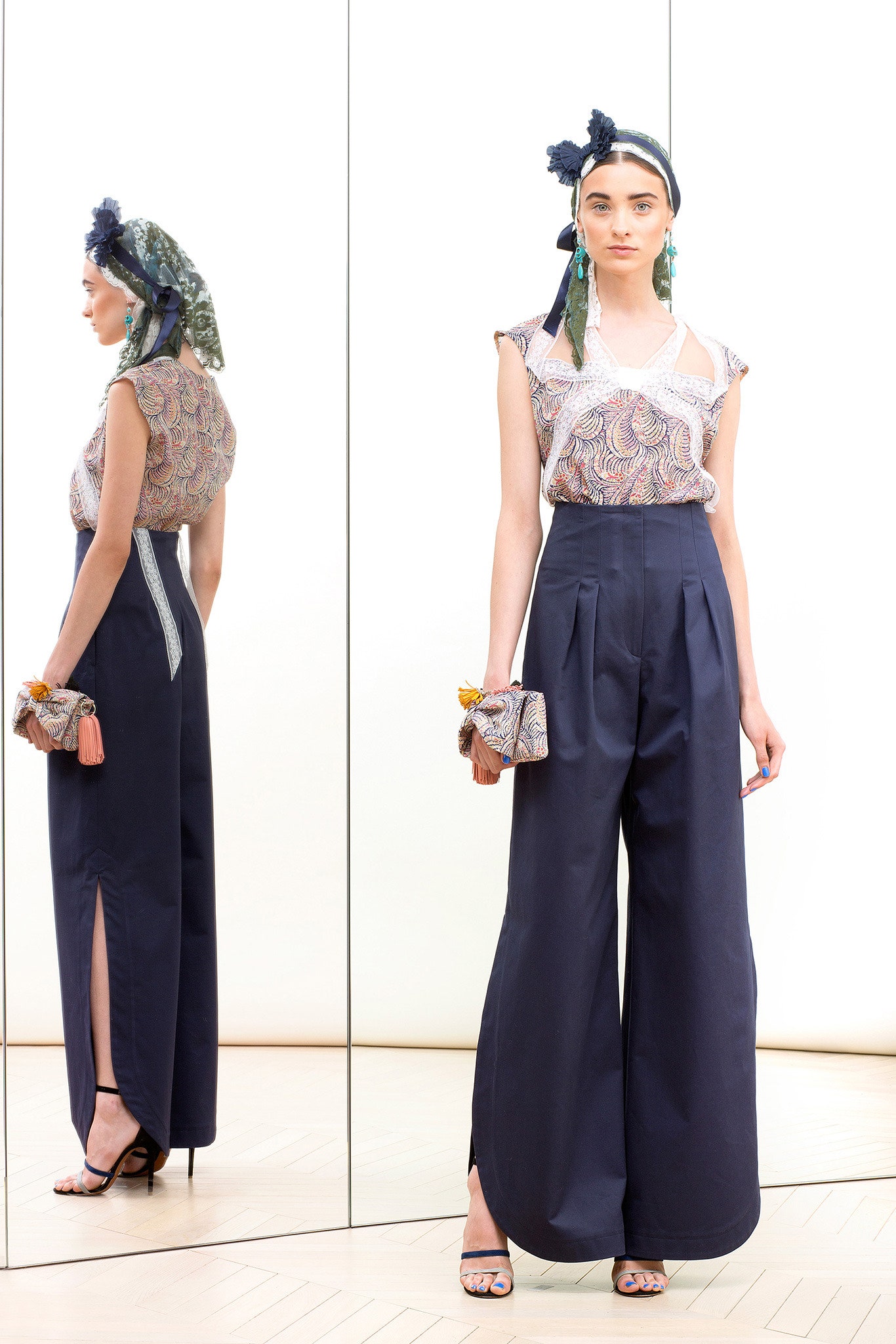blue cotton slit relaxed high-waisted wide-leg pants
