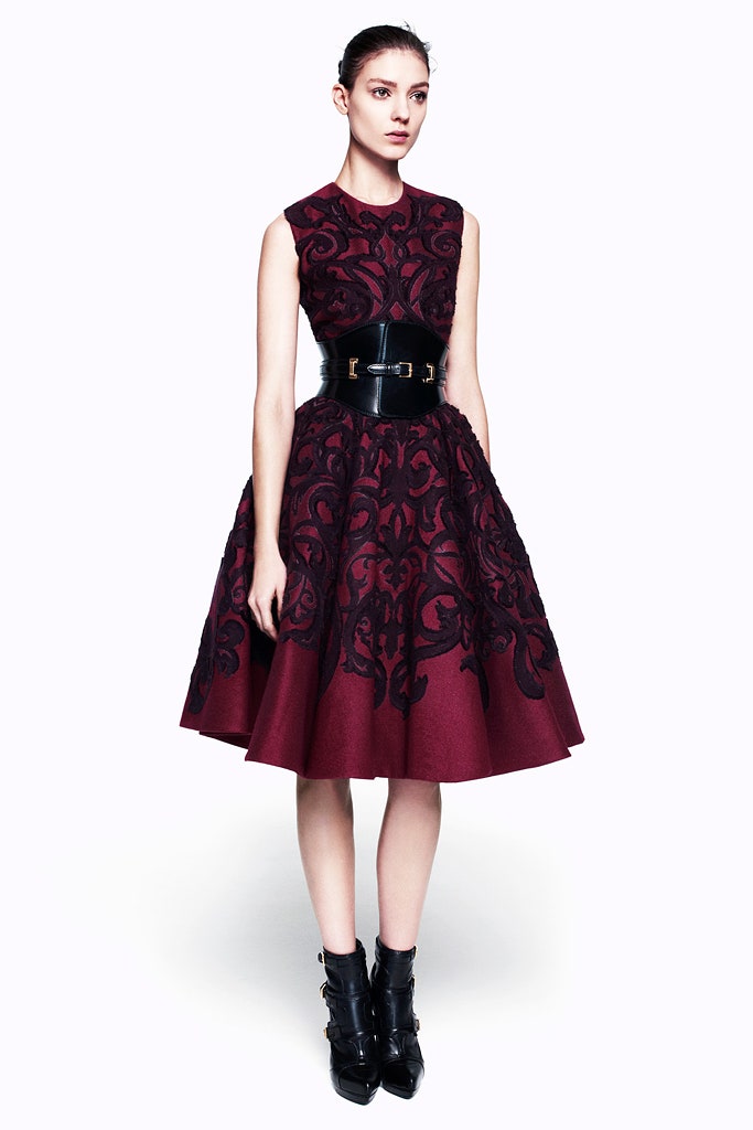 maroon embroidered midi dress with black belt
