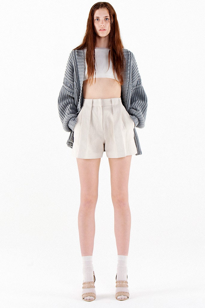 gray cardigan white crop-top beige shorts