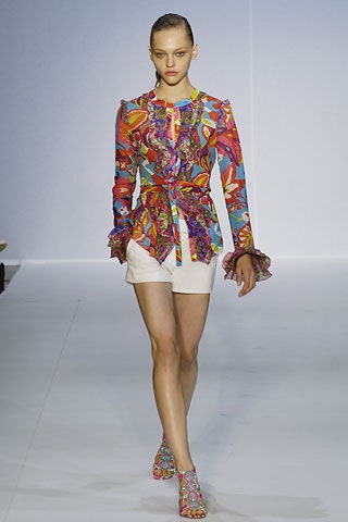 multi long-sleeve collared fitted ruffled printed blouse