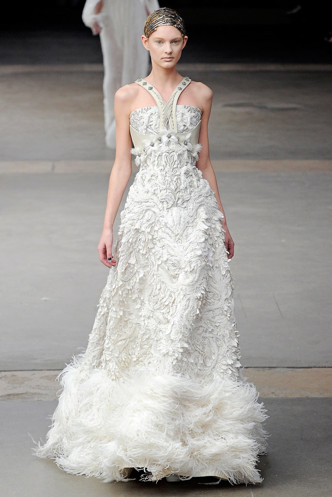white embroidered strapless gown