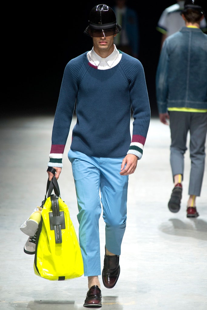 blue fitted sweater with slim pants