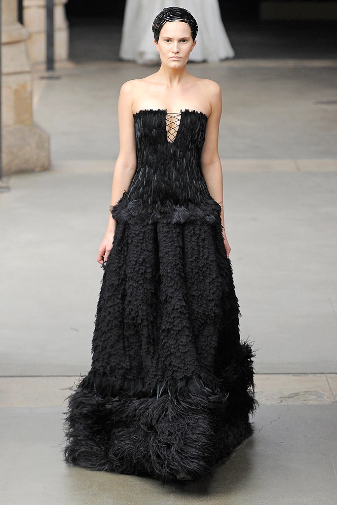 black fur strapless gown