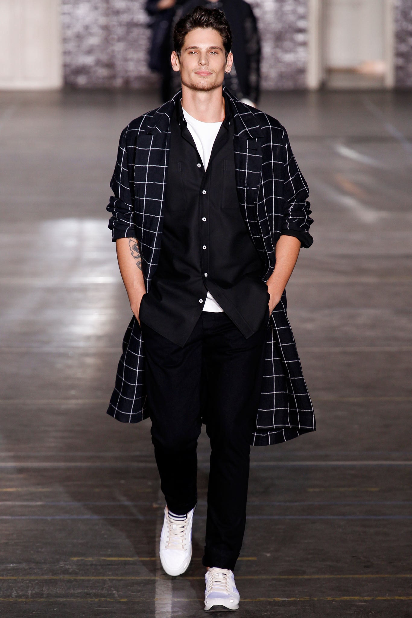 black and white checked coat