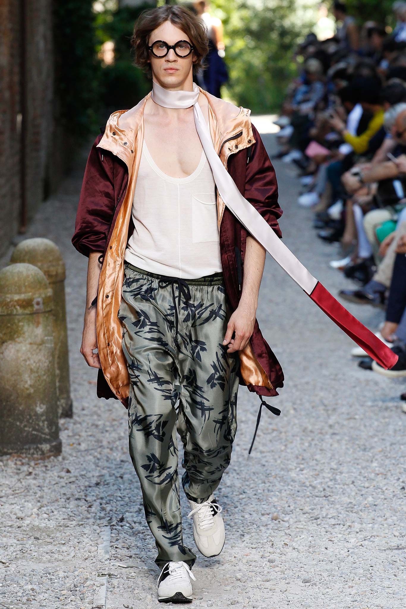 maroon silk coat with cargo pants