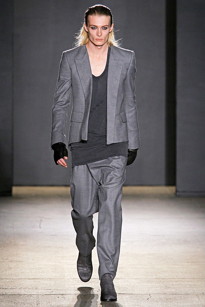 gray tailored blazer with black top