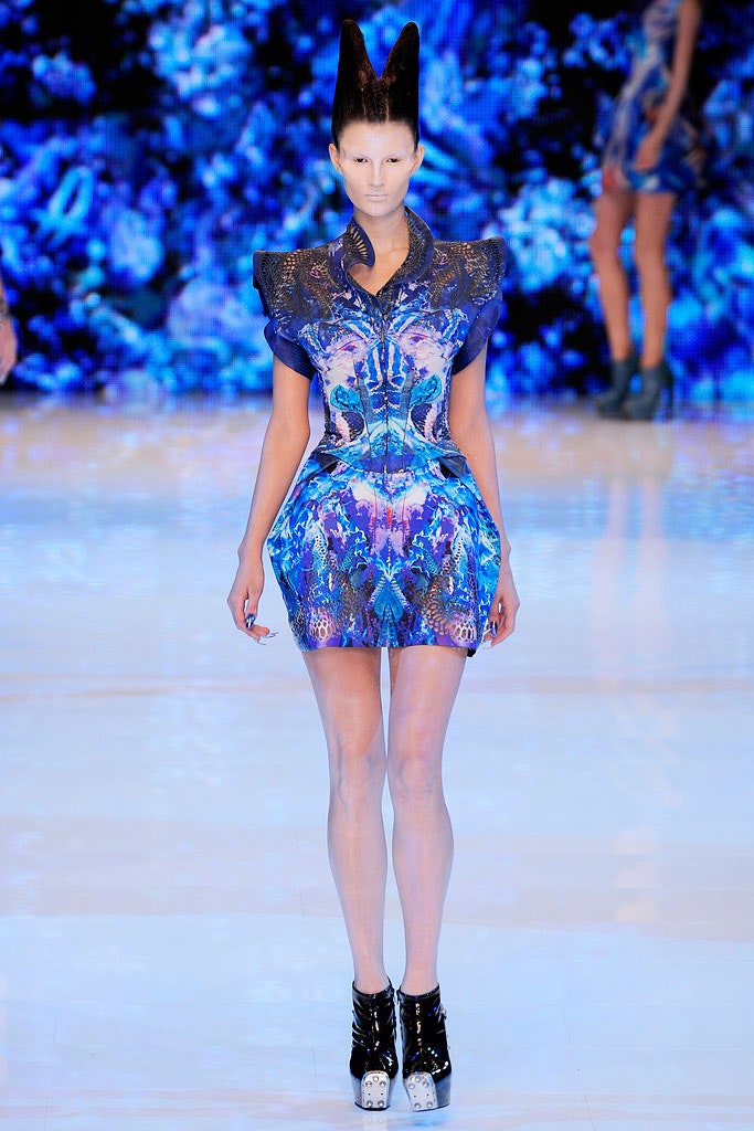 blue silk sleeveless collared fitted flared shiny dress