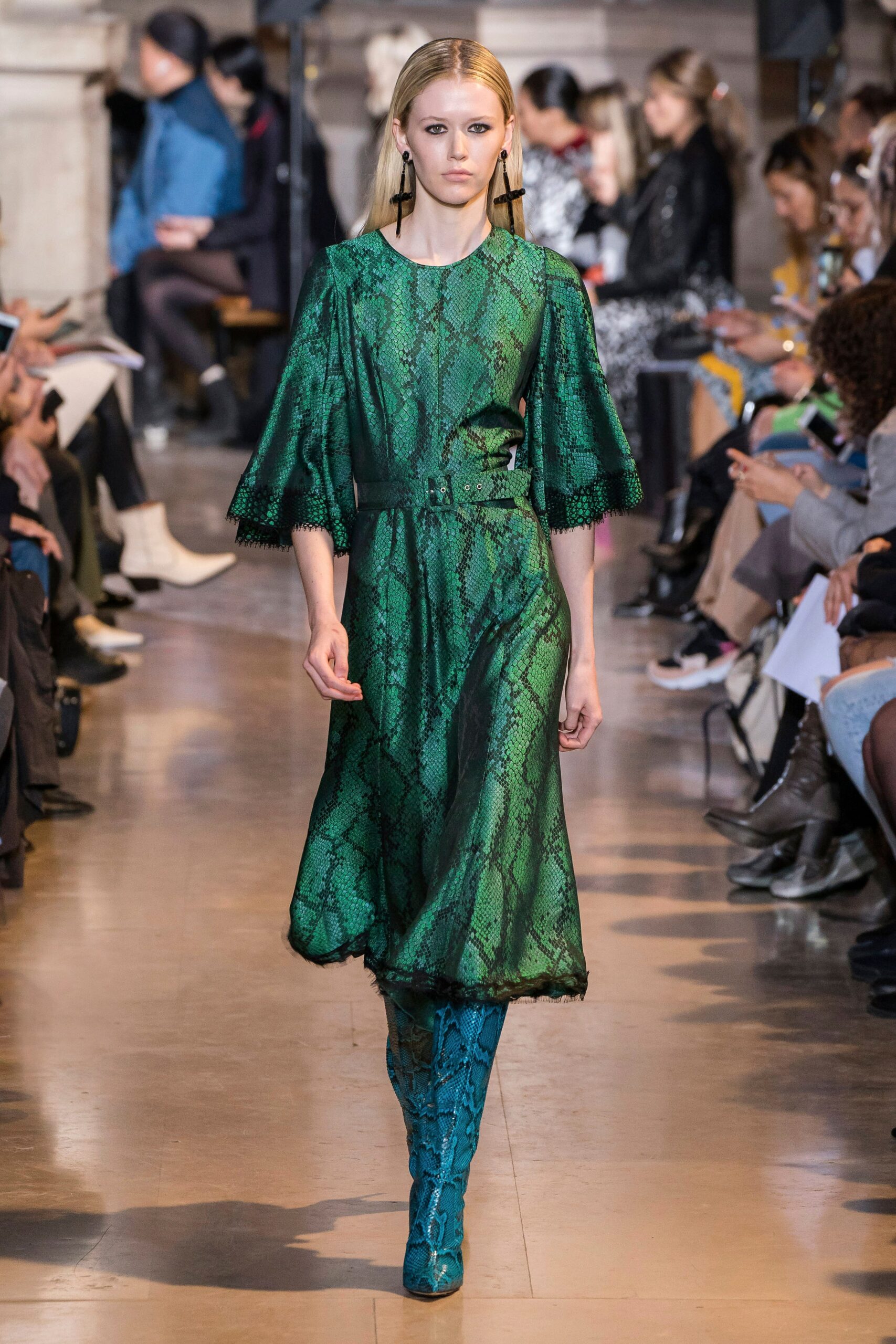 green silk midi dress with blue boots