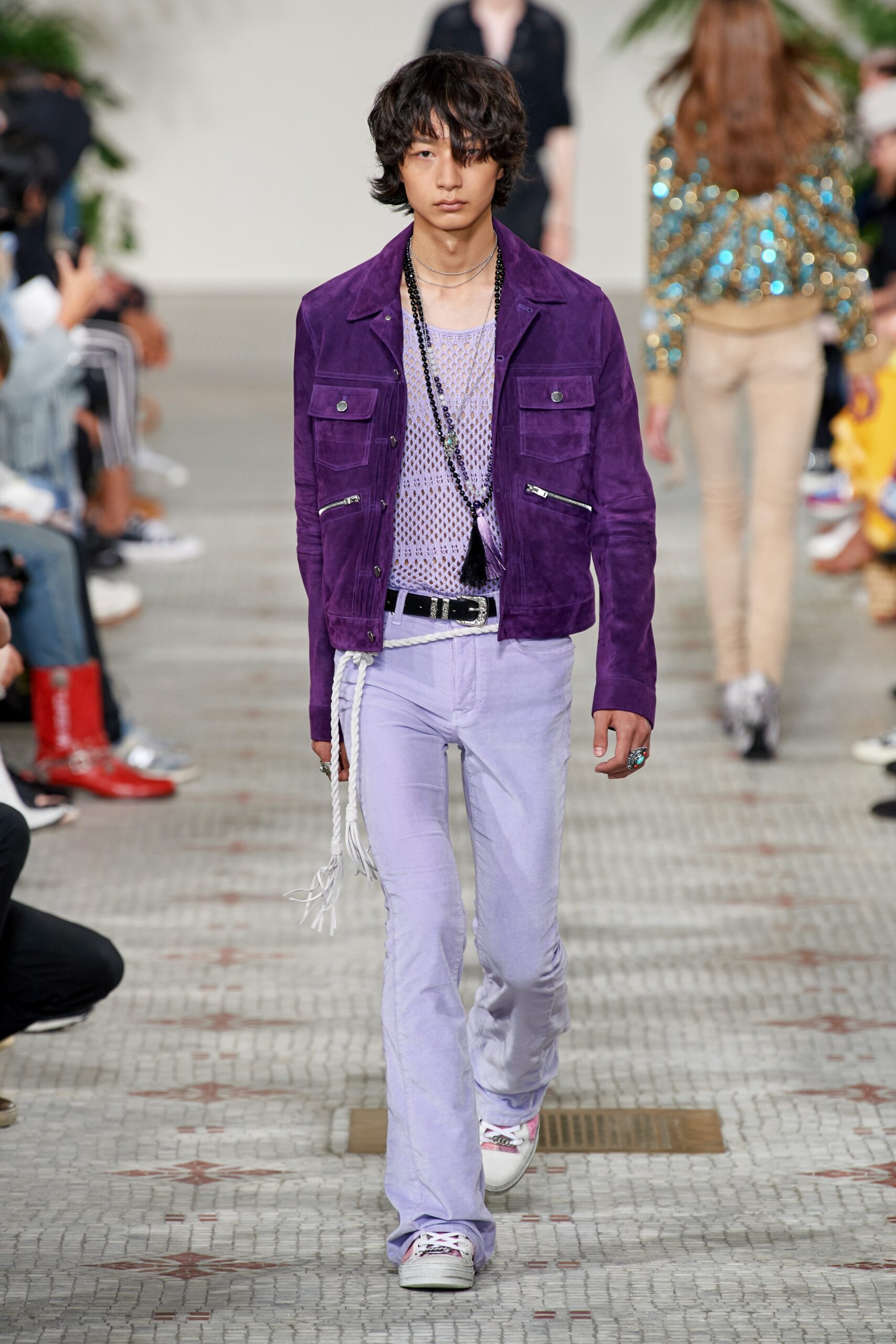 purple suede jacket with lavender pants