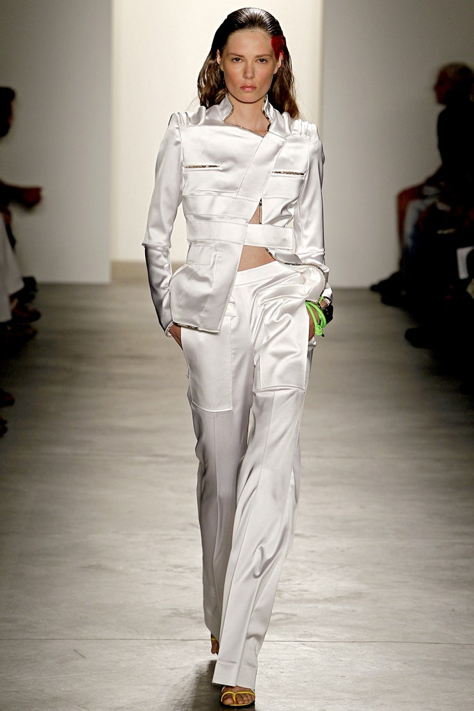white silk tailored blazer and pants