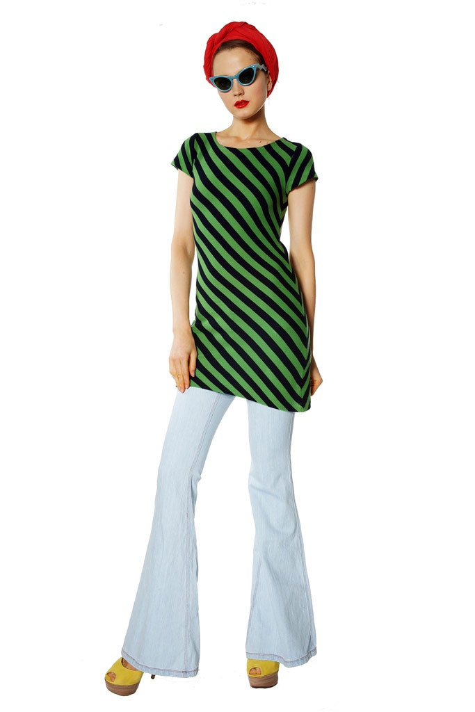 green striped fitted top with flared pants