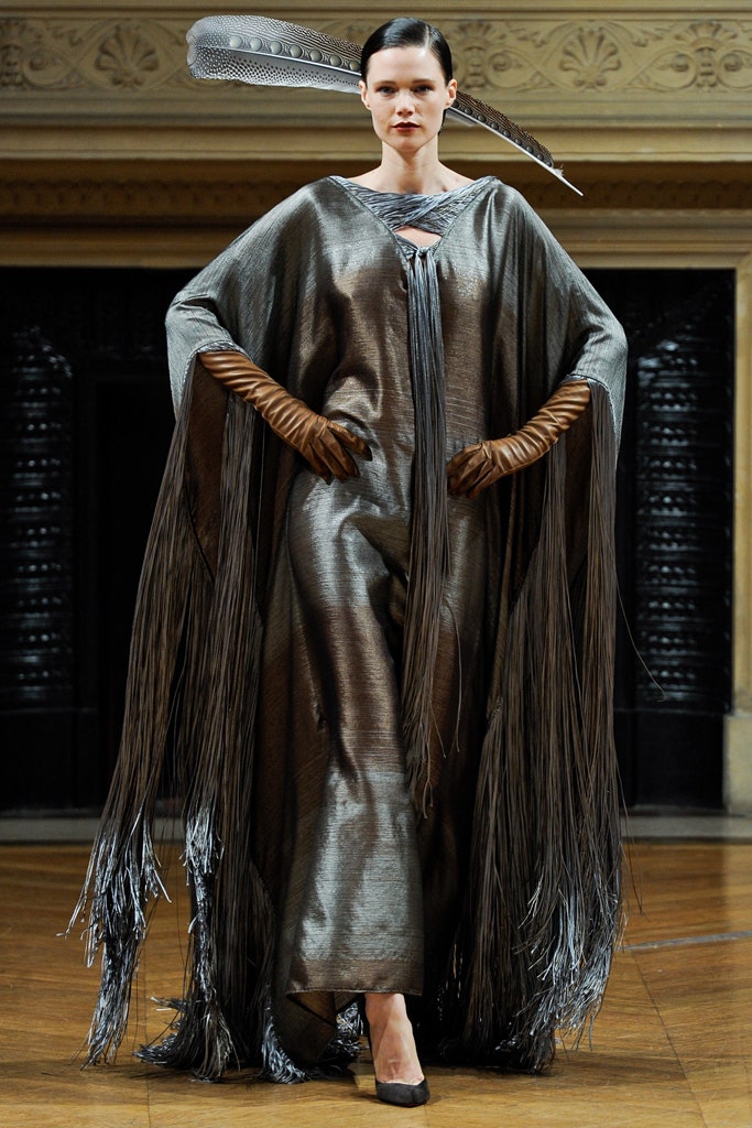 gray silk long-sleeve relaxed fringed flowing maxi cape