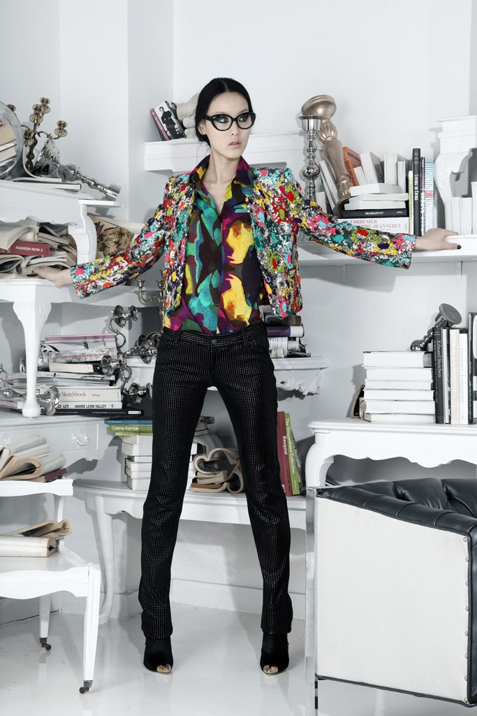 multi silk long-sleeve collared fitted embroidered jacket