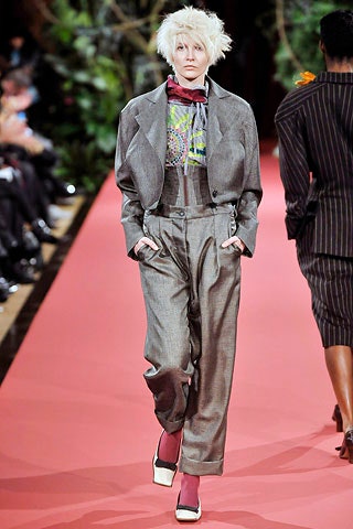 gray tailored suit with embroidered top