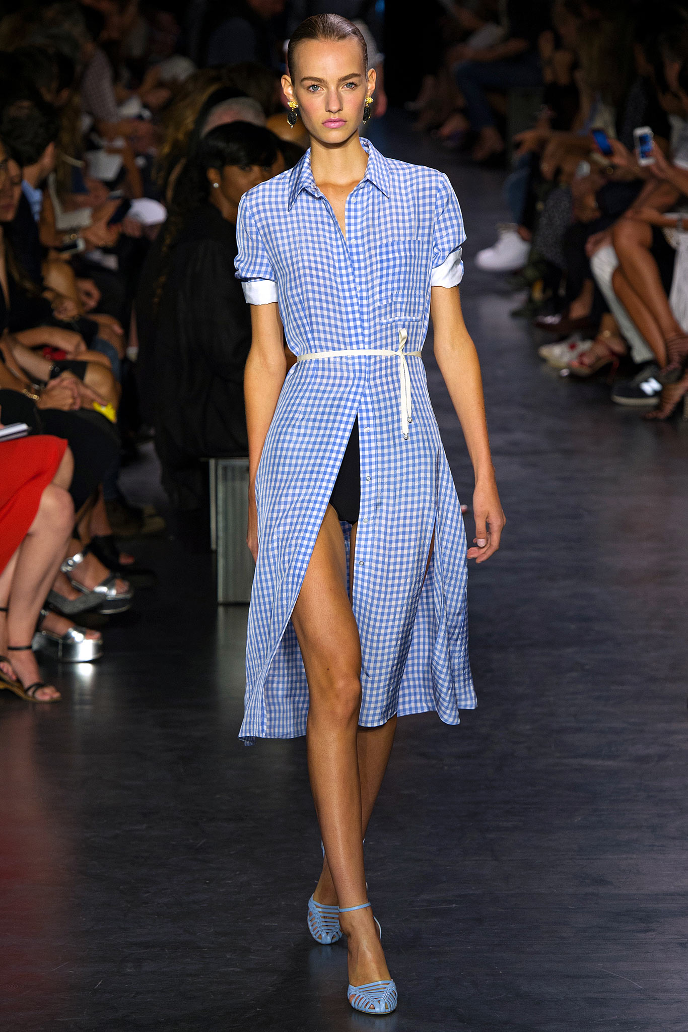 blue and white checkered shirt-dress
