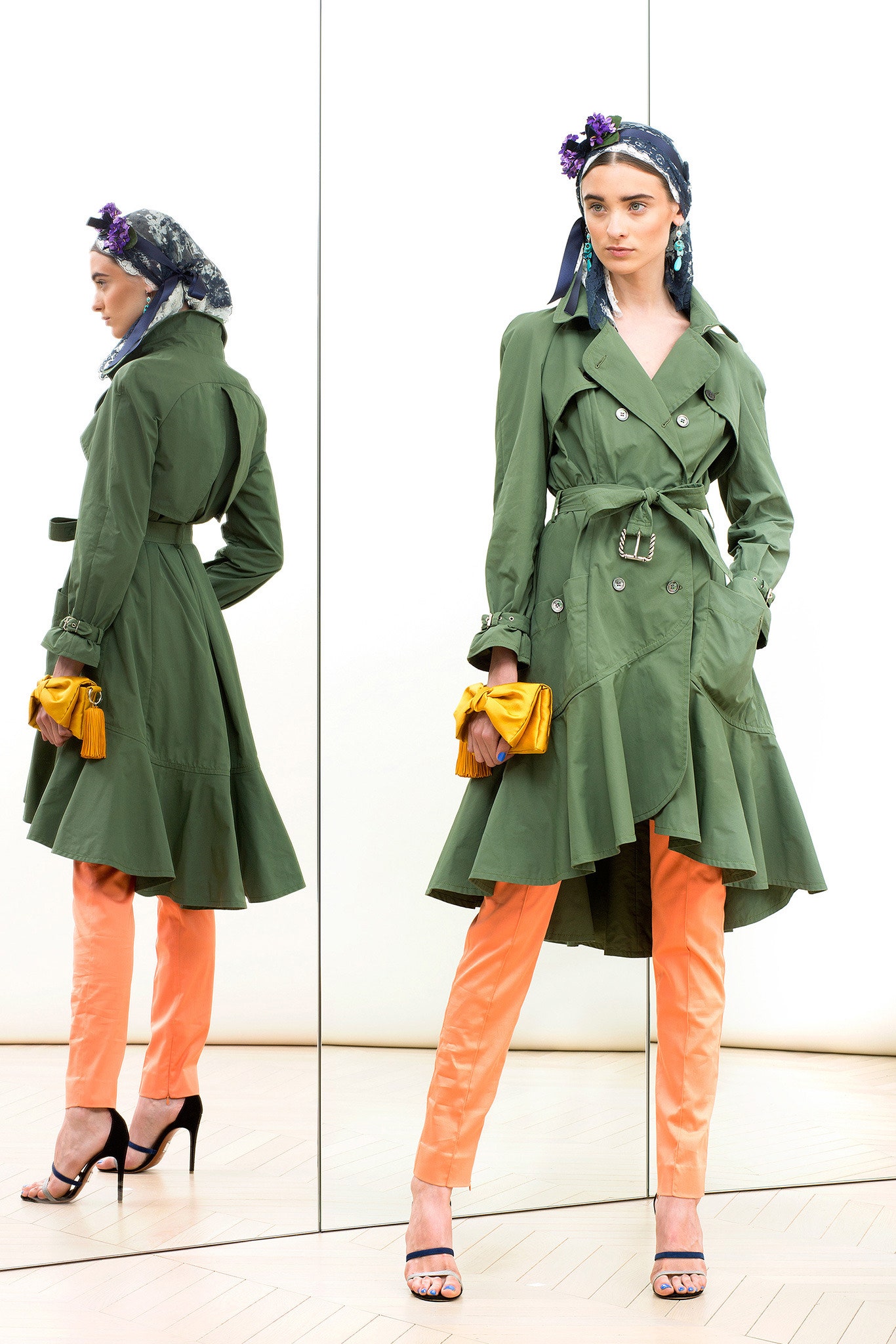 green cotton long-sleeve collared fitted belted flared trench