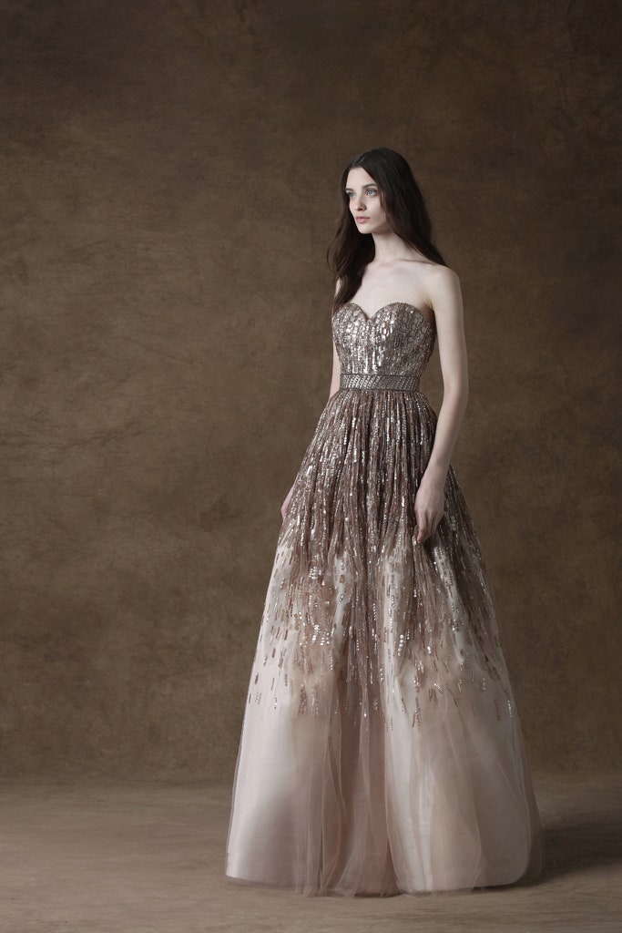 beige gold strapless gown