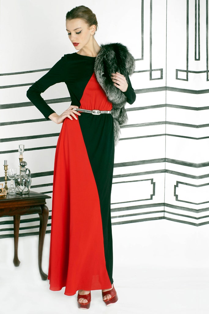 color-blocked maxi gown with fur coat