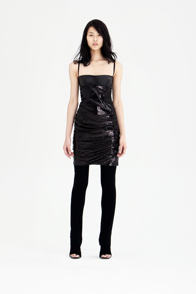 black sequin dress with fitted pants