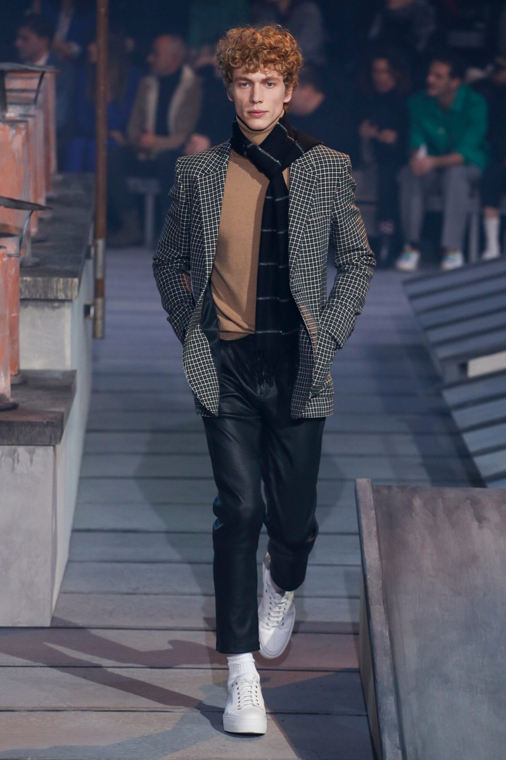 checked blazer with leather pants