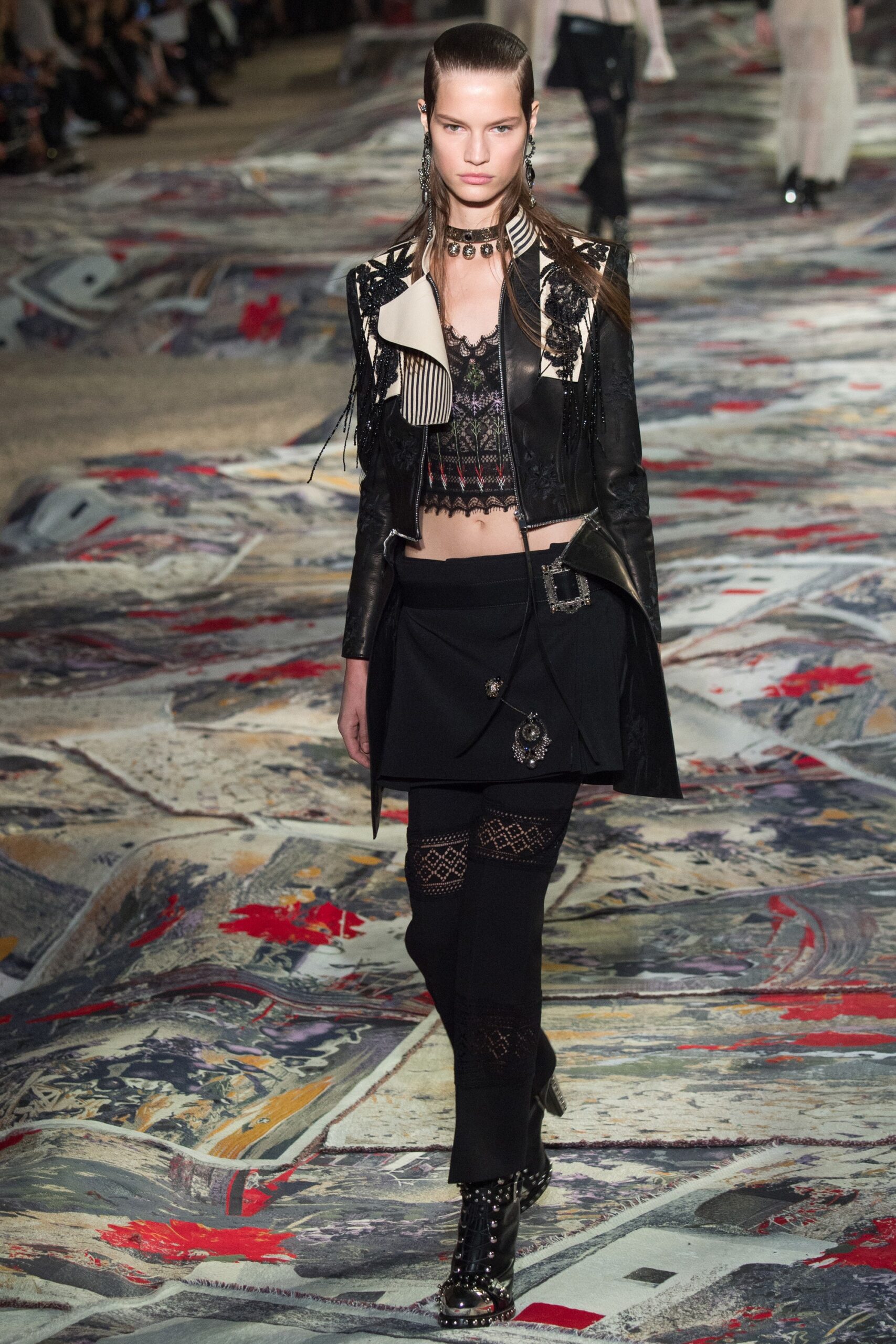 black leather jacket and lace top