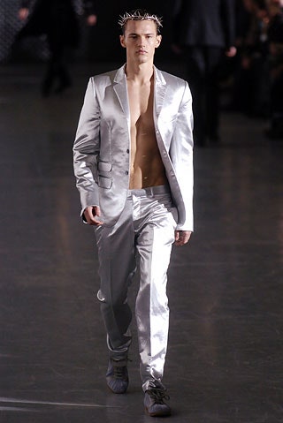 fitted silver satin suit