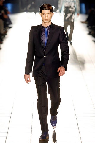blue silk long-sleeve collared fitted shirt