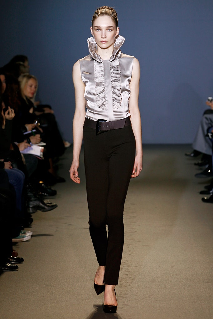 gray silk sleeveless high-neck fitted ruffled top