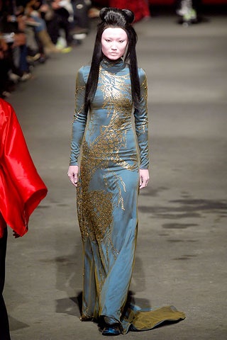 blue silk embroidered gown