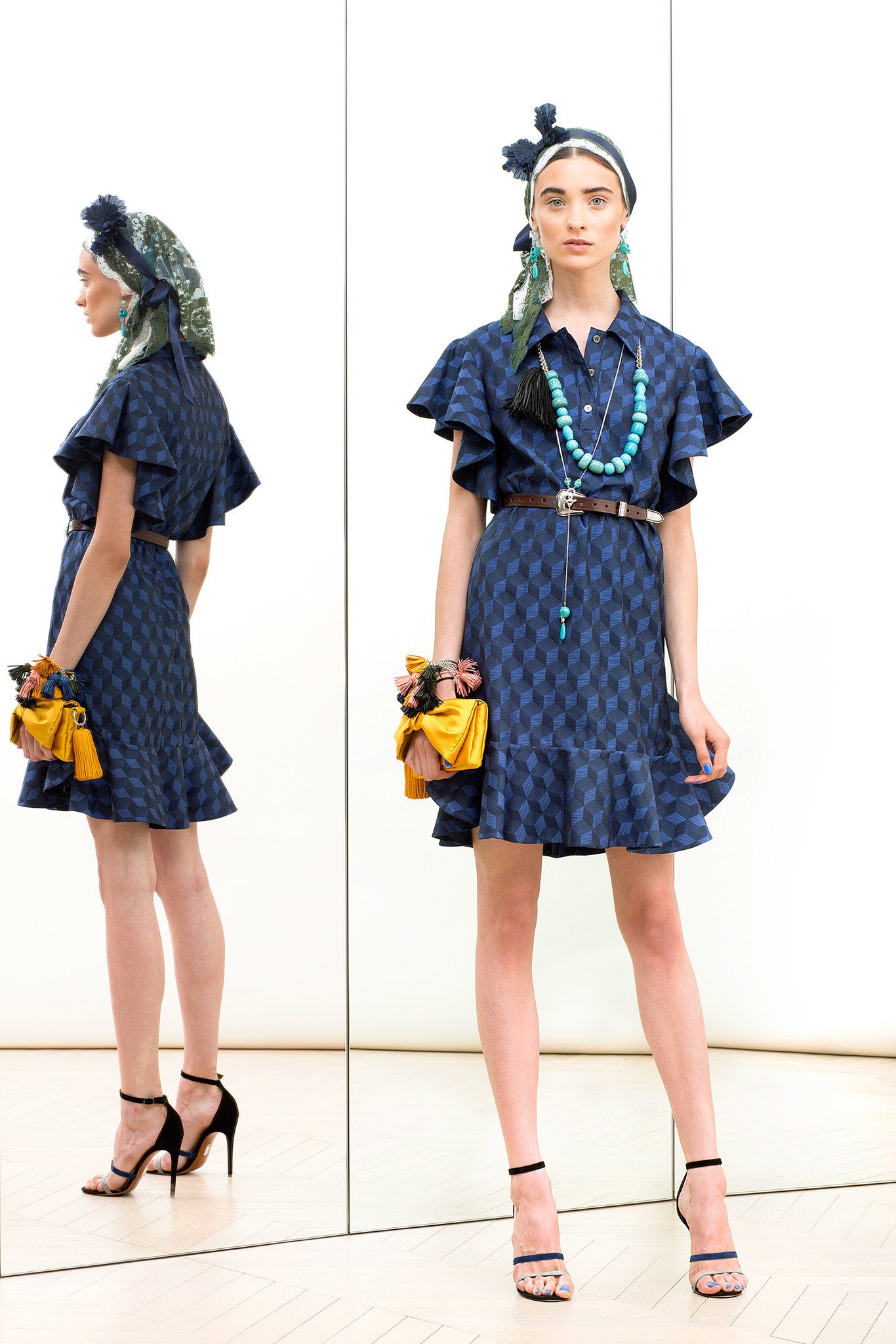 blue silk ruffled mini dress