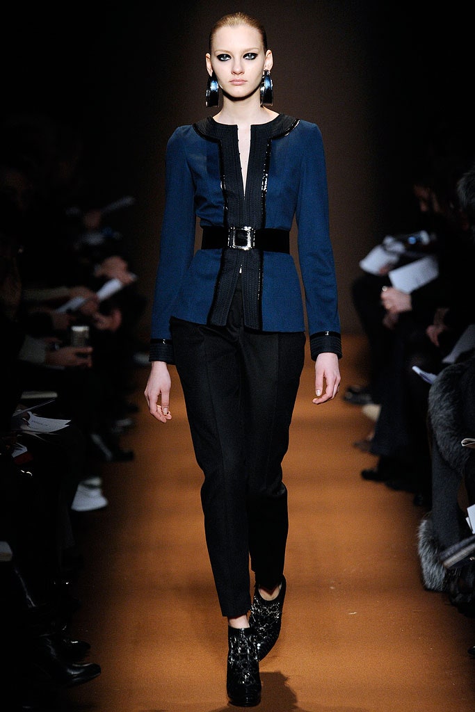 blue tailored blazer with black pants