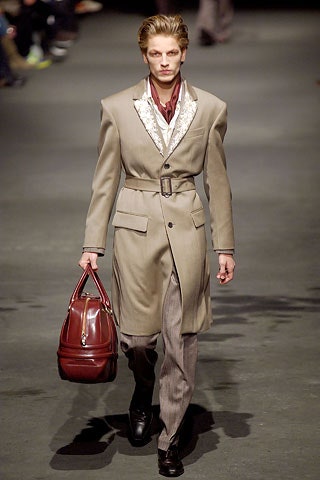 beige tailored coat with gray pants