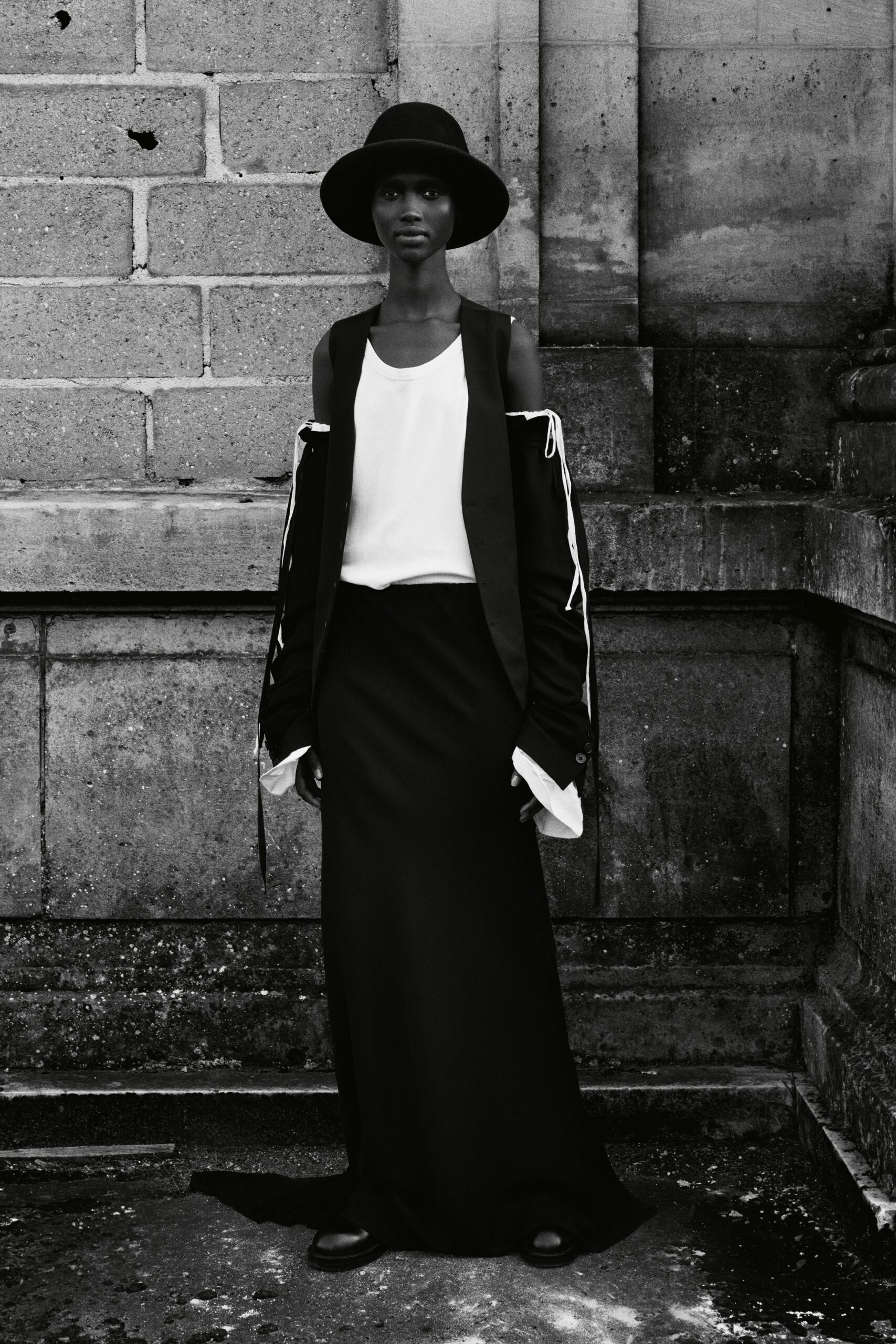 black blazer white top black maxi skirt