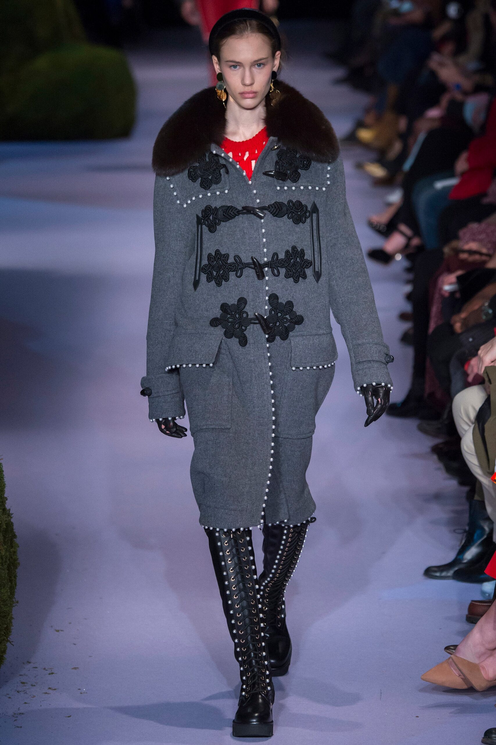 gray wool long-sleeve collared relaxed buttoned embroidered coat
