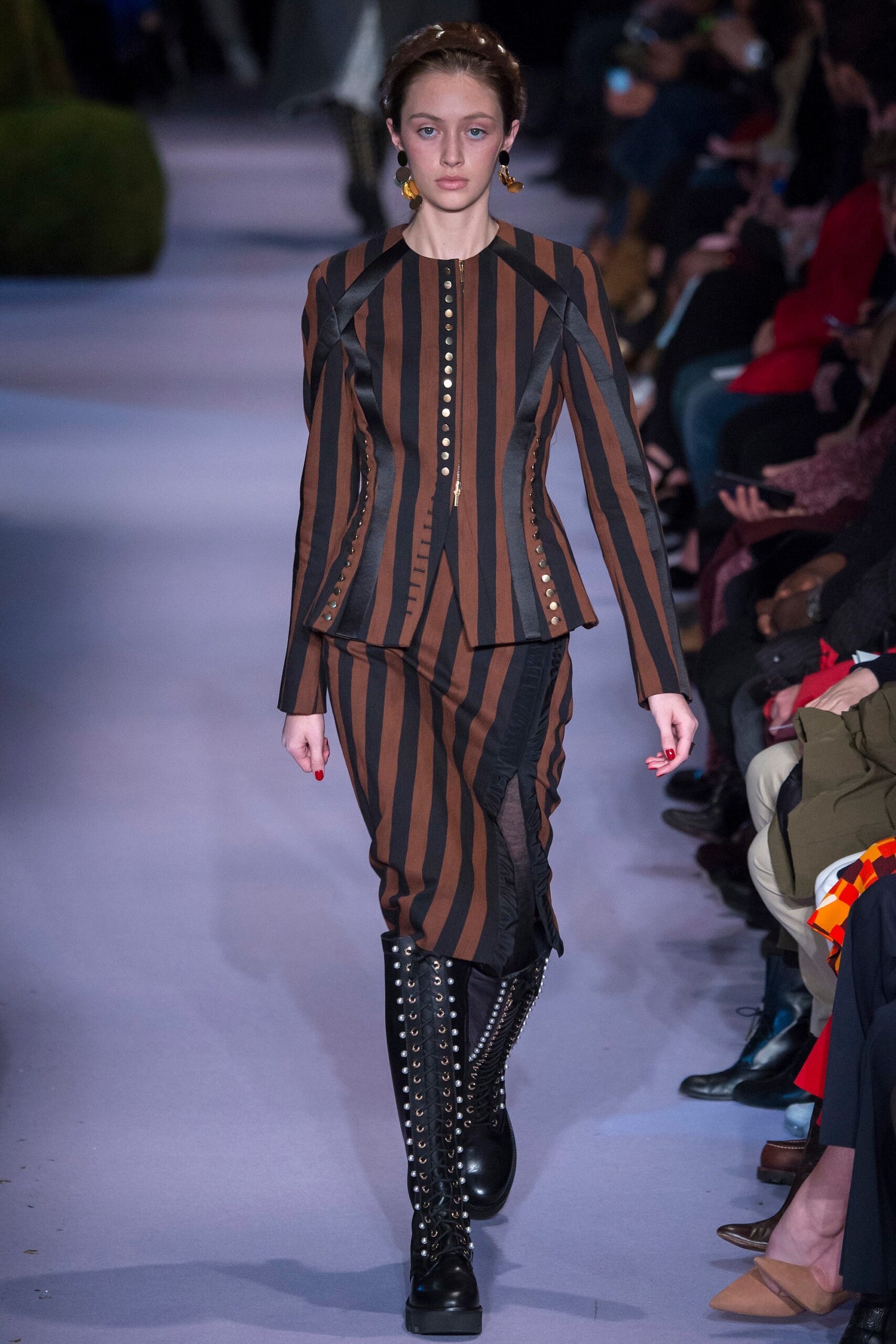 brown cotton long-sleeve collared fitted striped zippered dress